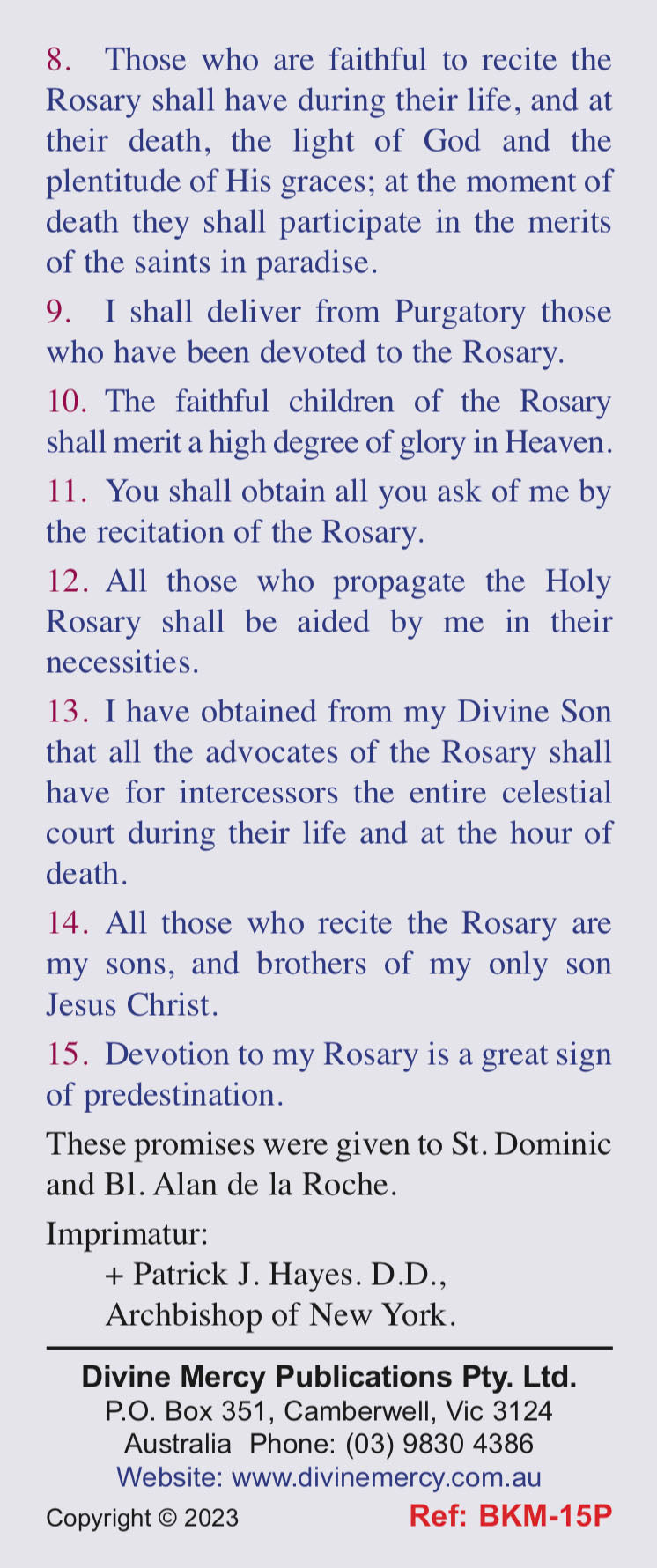 The Fifteen Promises of Mary to Christians Who Recite the Holy Rosary Bookmark
