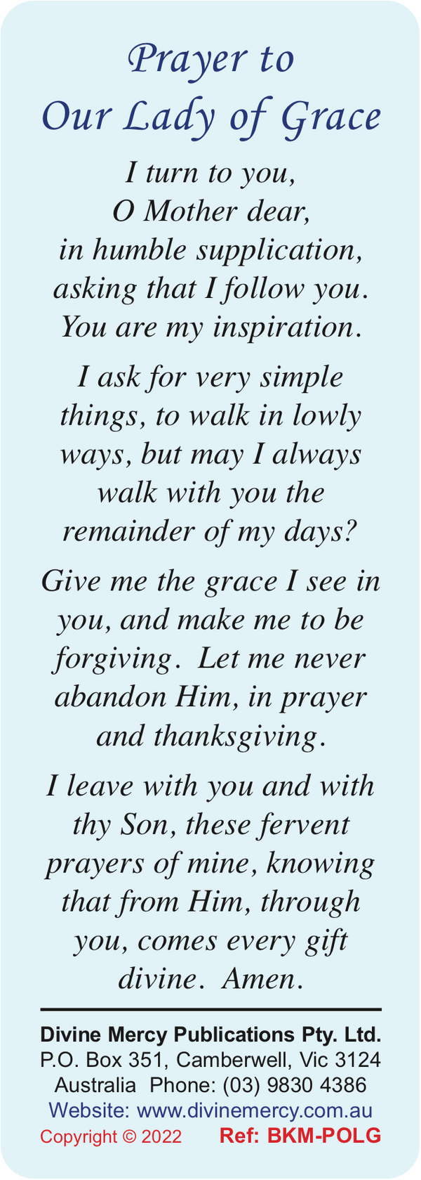 Our Lady of Grace Bookmark - Divine Mercy Publications Pty. Ltd.