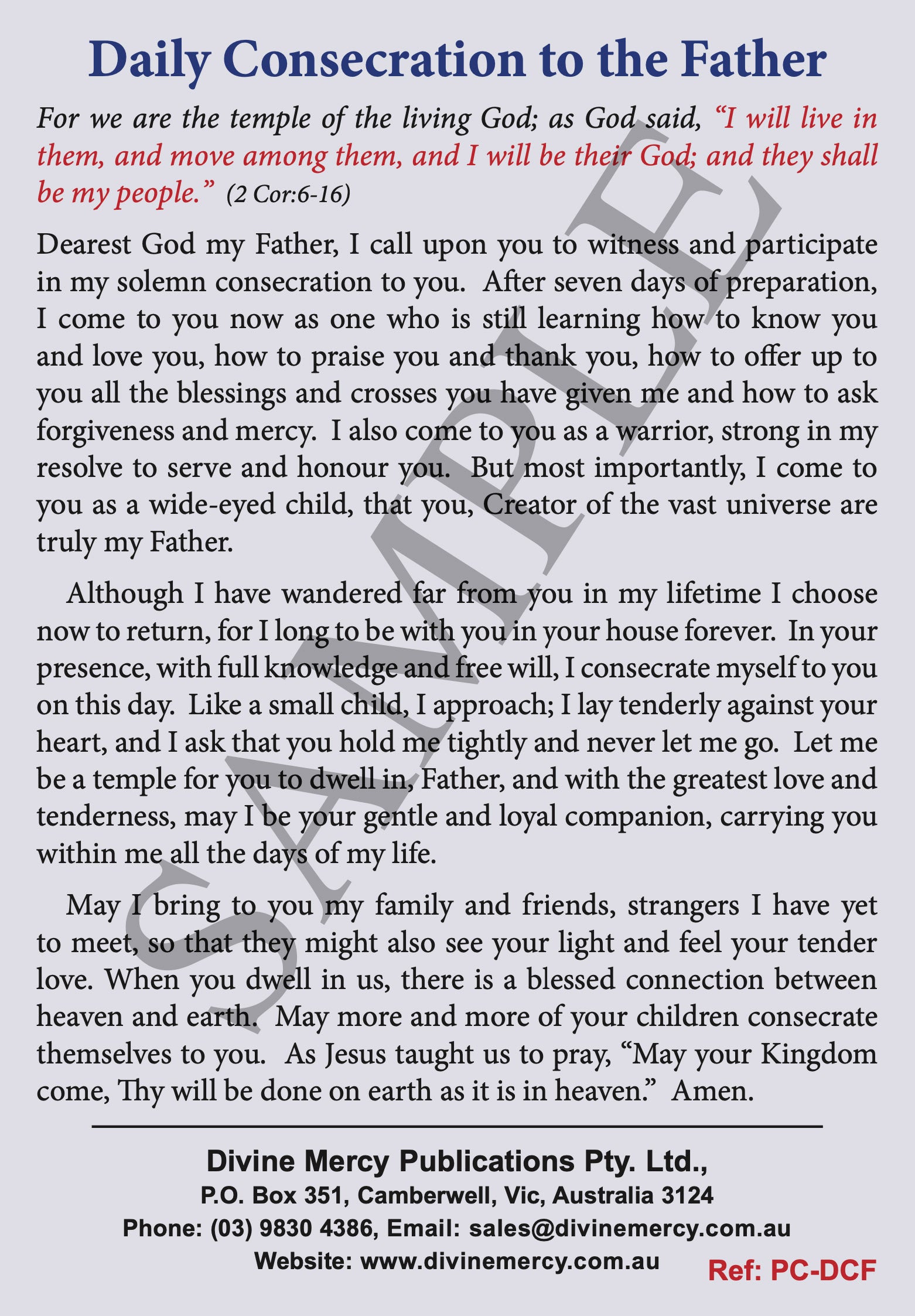 Prayercard: Daily Consecration to the Father