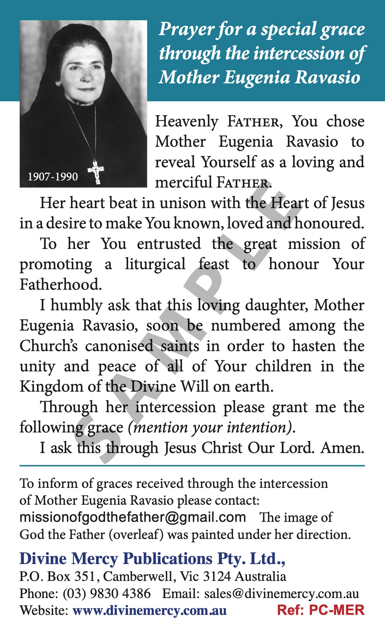Prayercard: Prayer to Mother Eugenia Ravasio (Laminated)