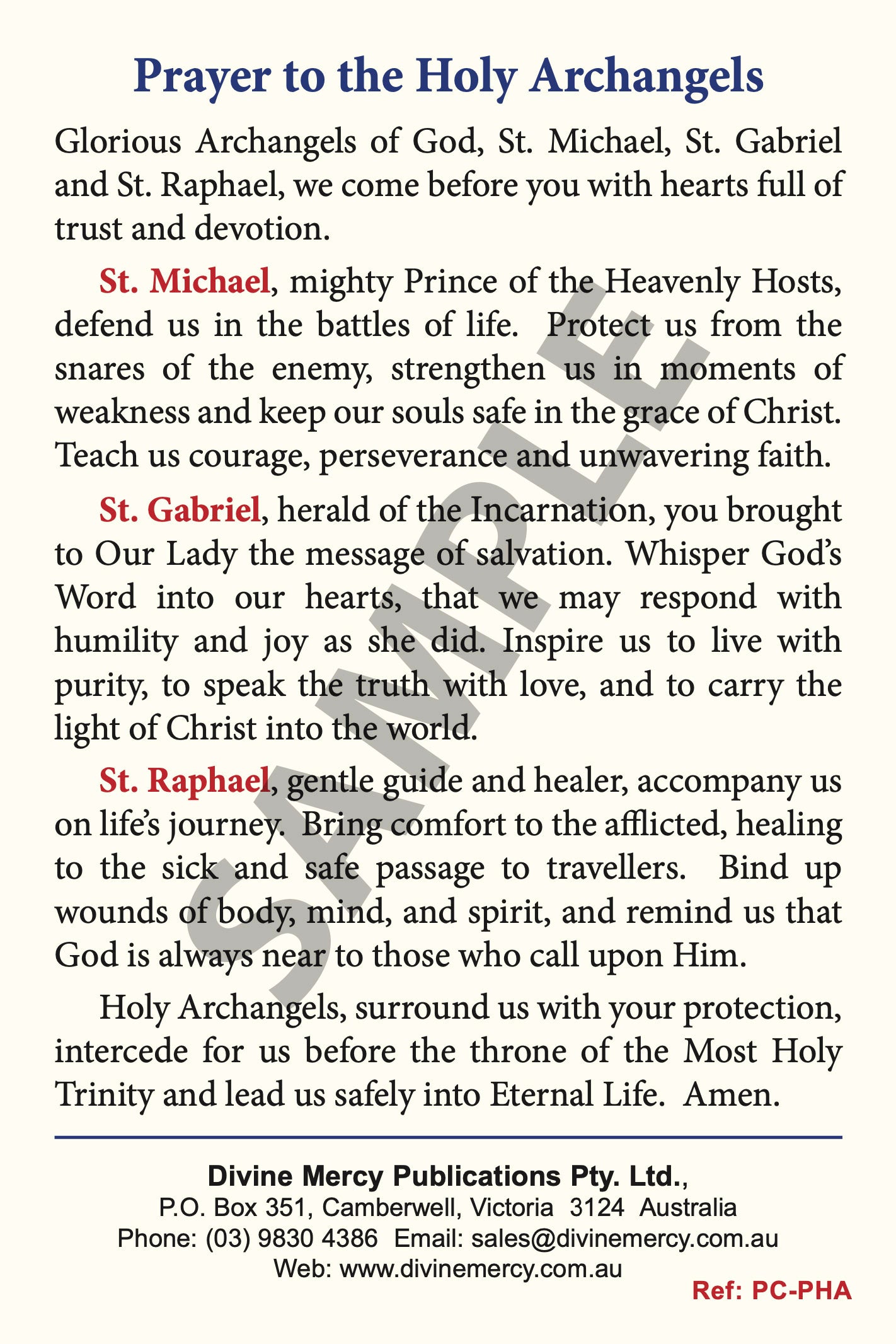 Prayercard: Prayer to the Holy Archangels