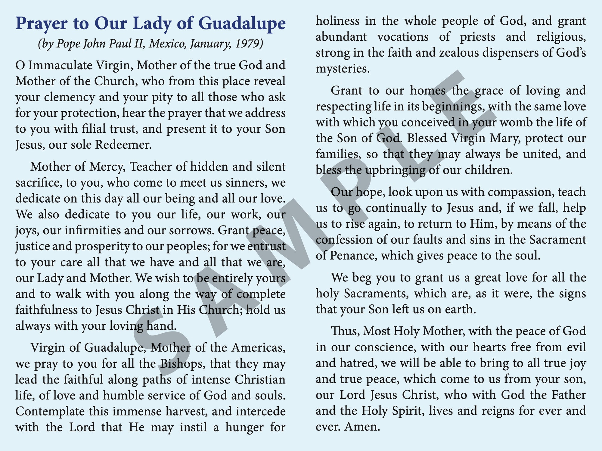 Prayercard: Prayer to Our Lady of Guadalupe