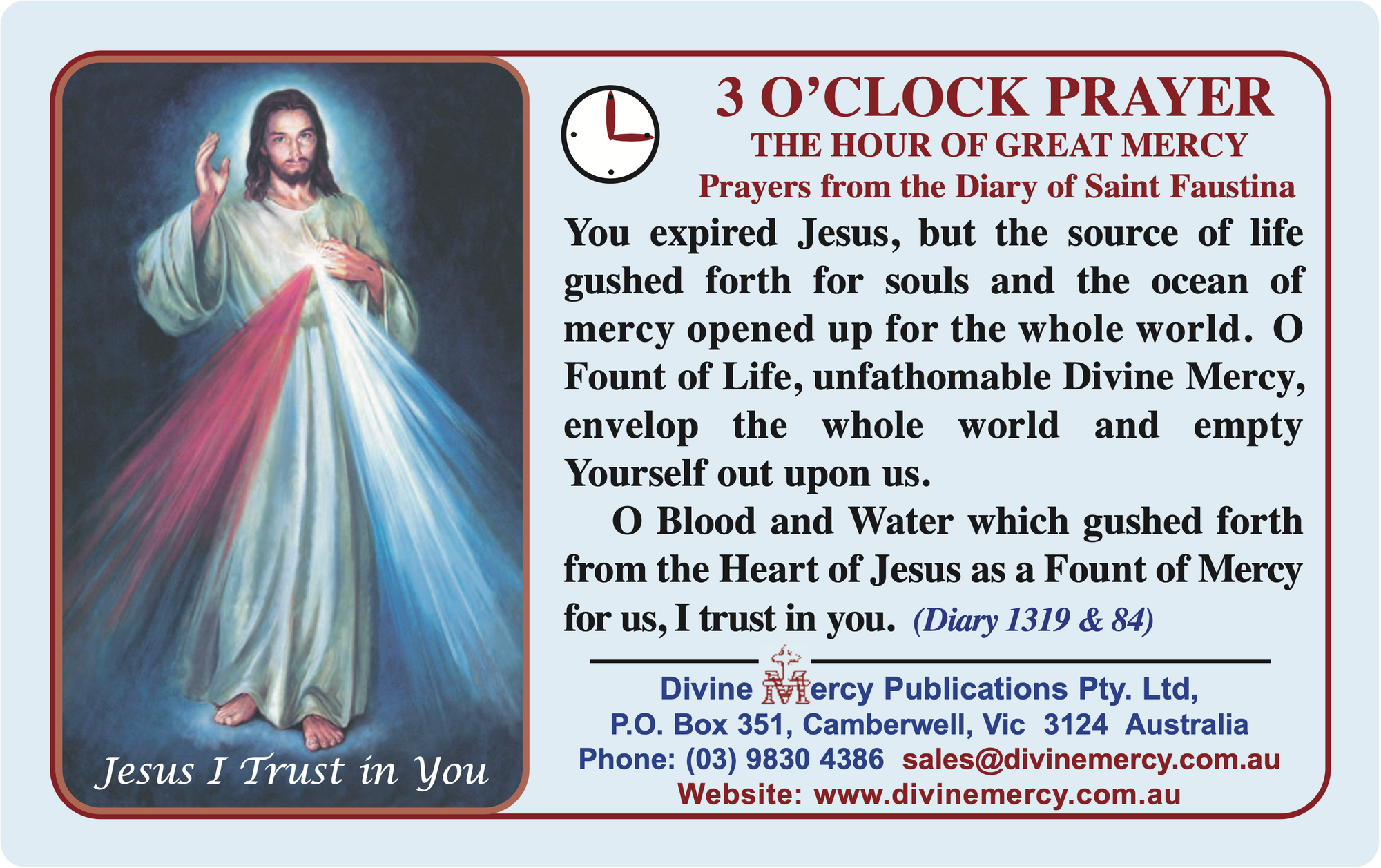 Plastic Card: 3 O'Clock Prayer and Divine Mercy Chaplet