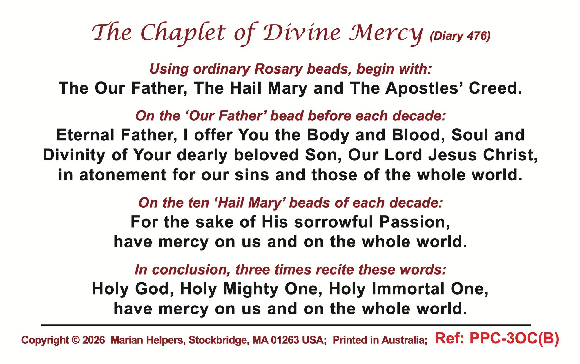 Plastic Card: 3 O'Clock Prayer and Divine Mercy Chaplet