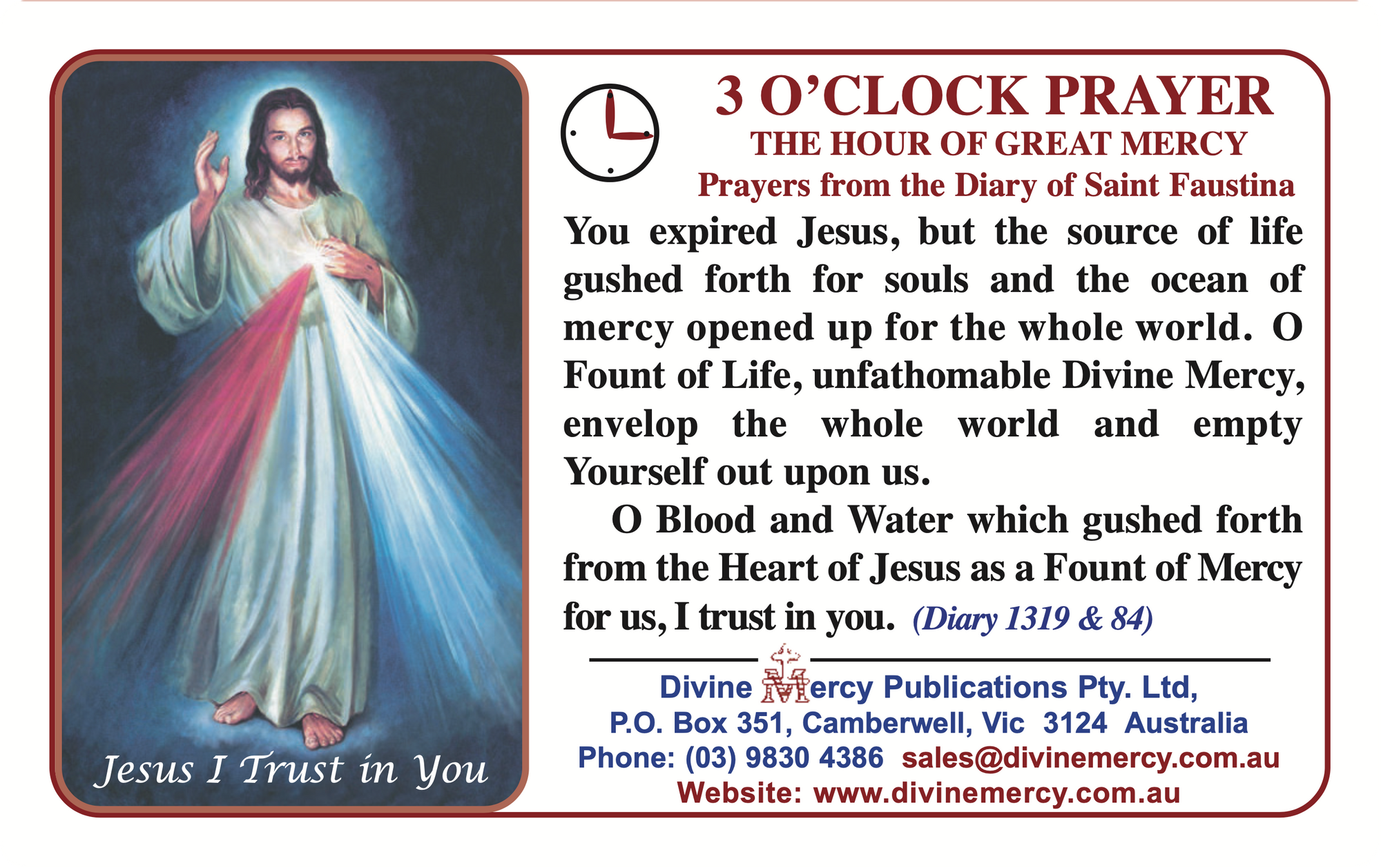 Plastic Card: 3 O'Clock Prayer and Divine Mercy Chaplet