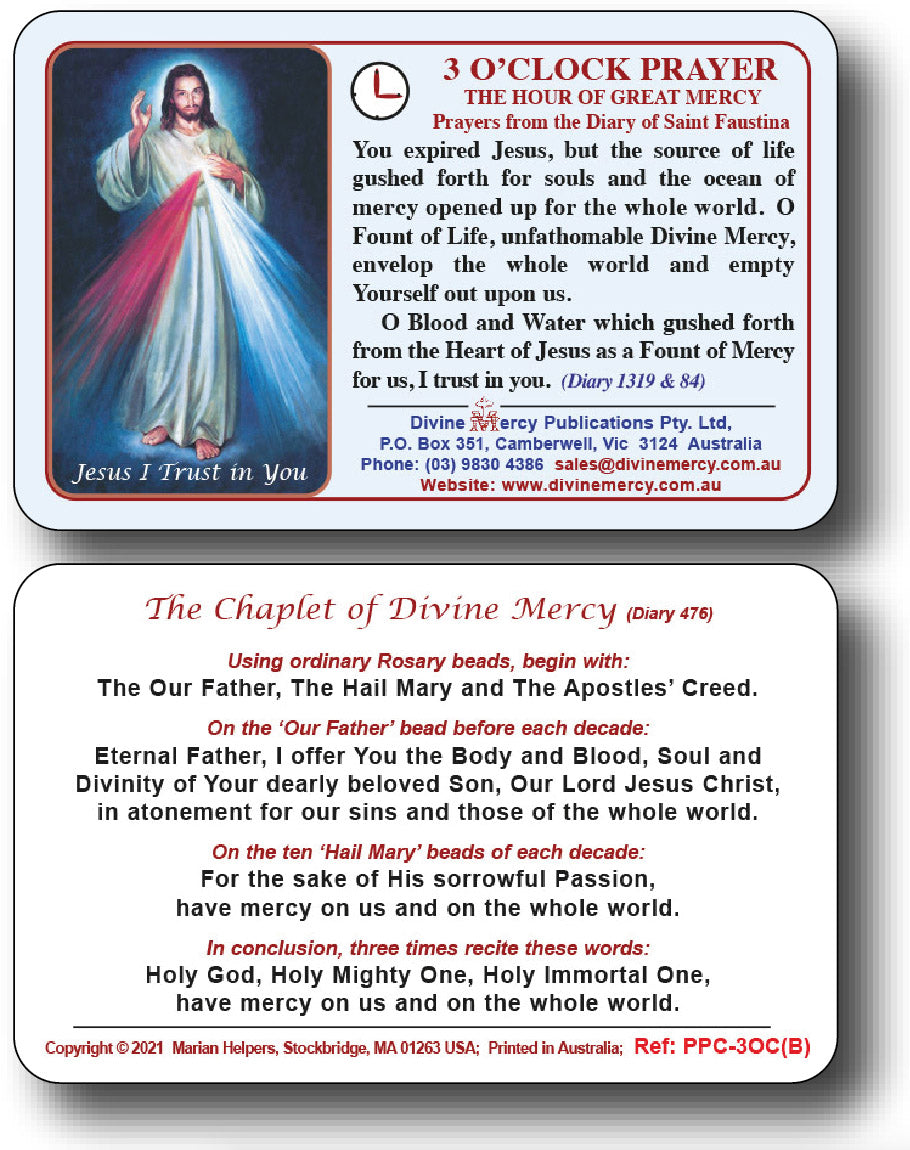 3 O'Clock Prayer and Divine Mercy Chaplet Plastic Card